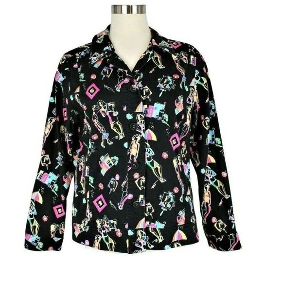 Attyre Jackets & Blazers - Jacket Lightweight Button Up Cottagecore Fashion Themed Print Pockets Black Sz L